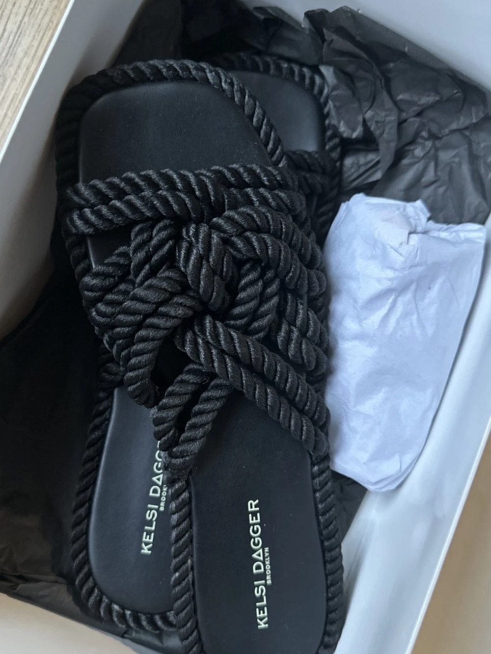 Kelsi Dagger Black Knotted Rope Slide Sandals